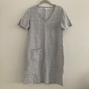 100% Linen White Striped Shift Dress V Neck Womens 8 Lagenlook White Company